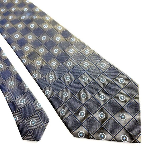 Bergamo New York Woven Brown Blue Geometric Wide Silk Tie - Picture 1 of 6